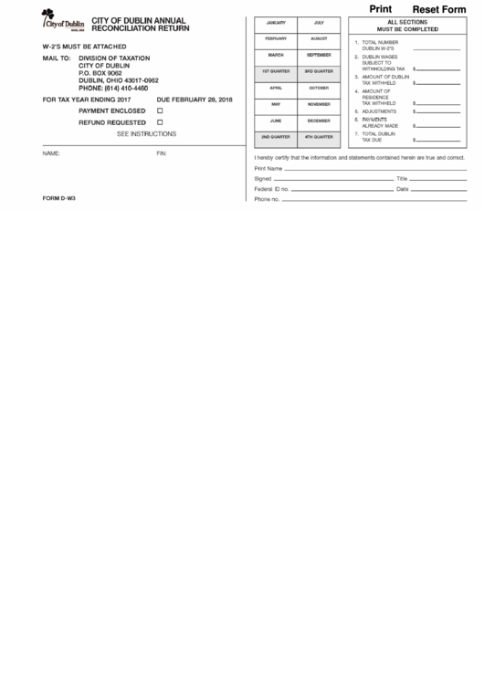 Fillable Form D-W3 - Dublin 2014 Annual Reconciliation Return Form Printable pdf