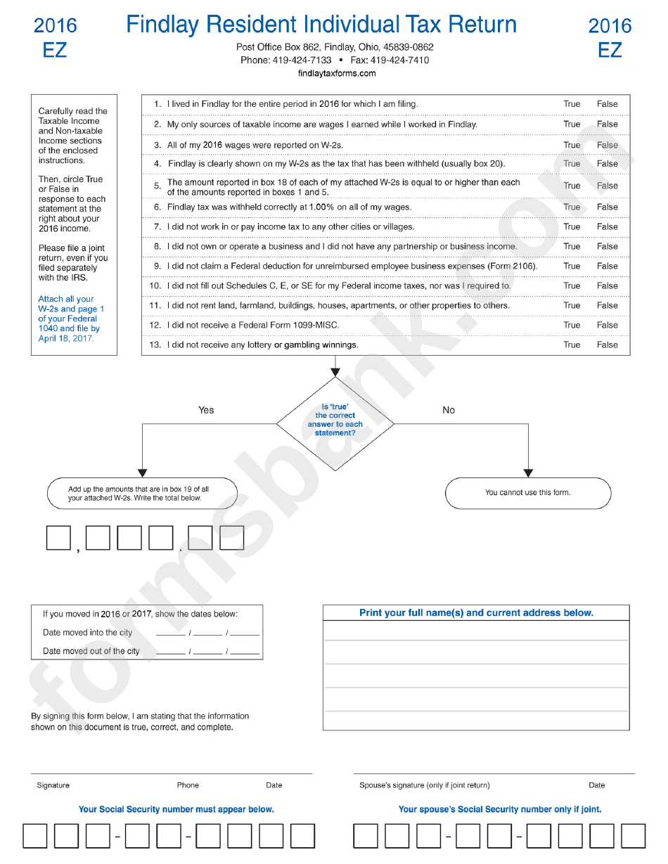 Form Ez 2016 - Findlay Resident Individual Tax Return Form