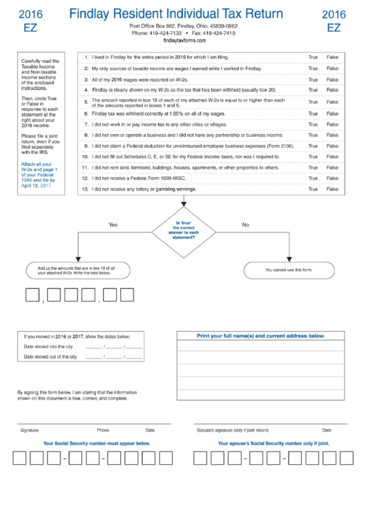Fillable Form Ez 2016 - Findlay Resident Individual Tax Return Form Printable pdf