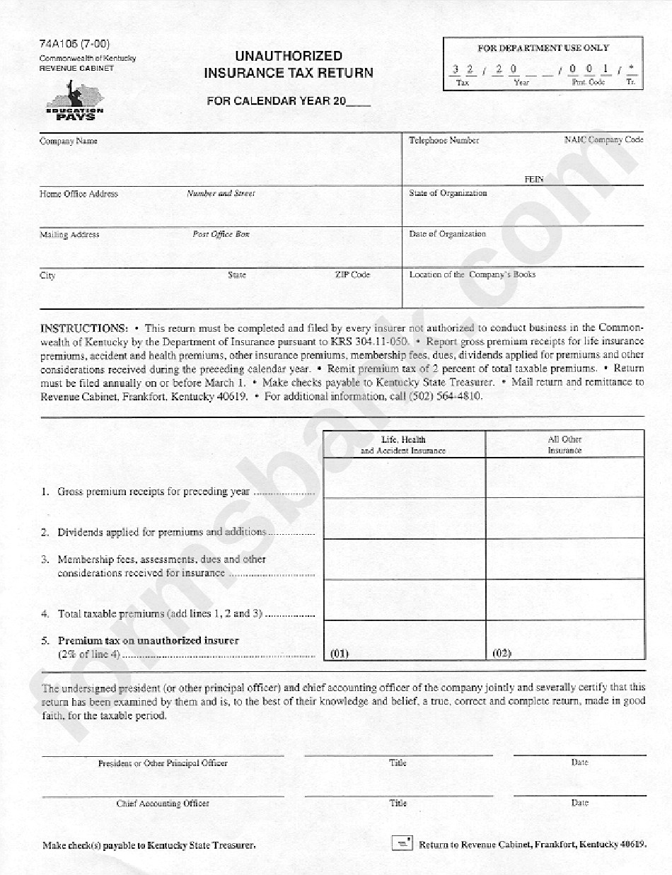 Form 74a105 - Unauthorized Insurance Tax Return Form