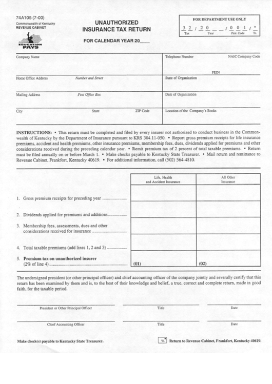 Form 74a105 - Unauthorized Insurance Tax Return Form Printable pdf