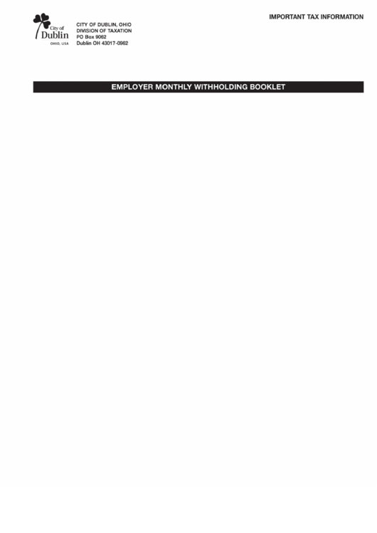 Fillable Employer Monthly Withholding Booklet Form Printable pdf
