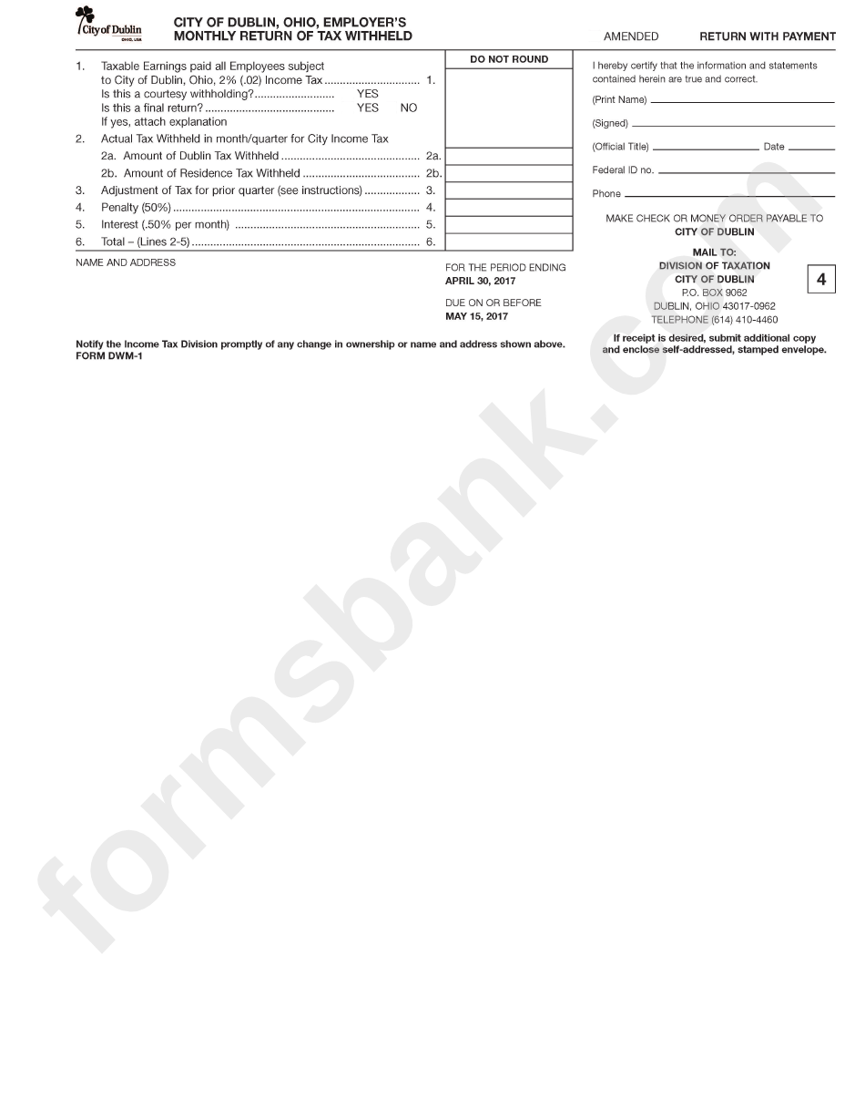 Employer Monthly Withholding Booklet Form