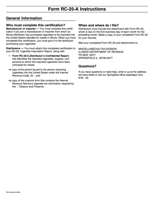 Form Rc-25-A - Instructions Sheet Printable pdf