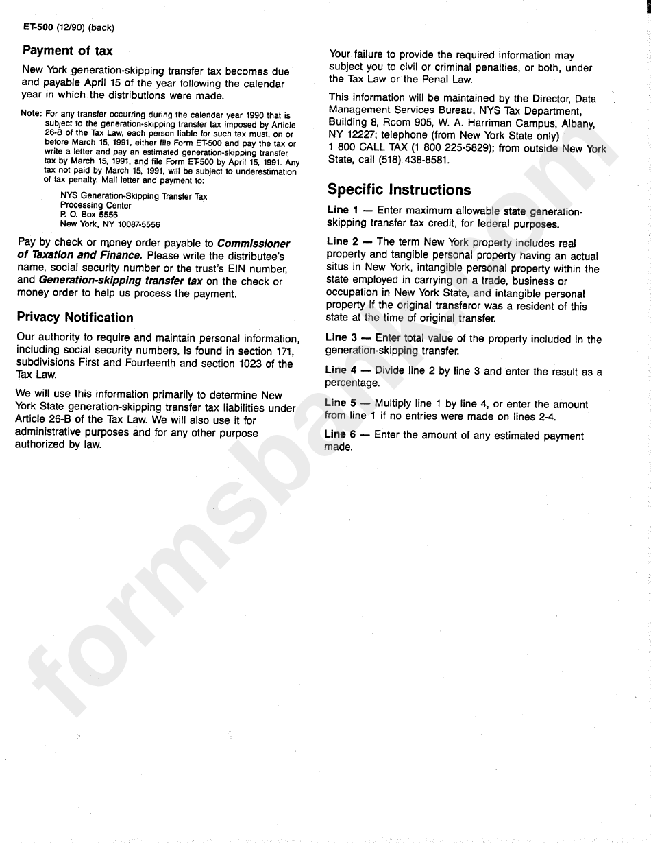 Form Et-500 - Instructions Sheet