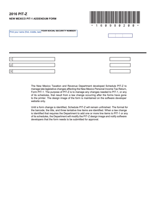 Form 2016 Pit-Z - New Mexico Pit-1 Addendum Form Printable pdf
