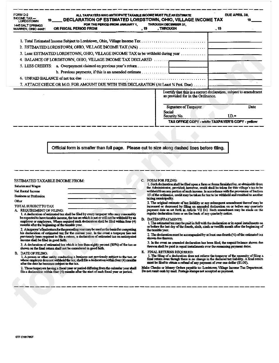 Form D-2 - Declaration Of Estimated Lordstown Village Income Tax Form