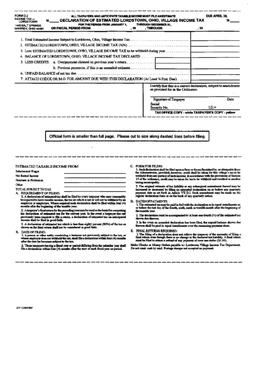 Form D-2 - Declaration Of Estimated Lordstown Village Income Tax Form Printable pdf