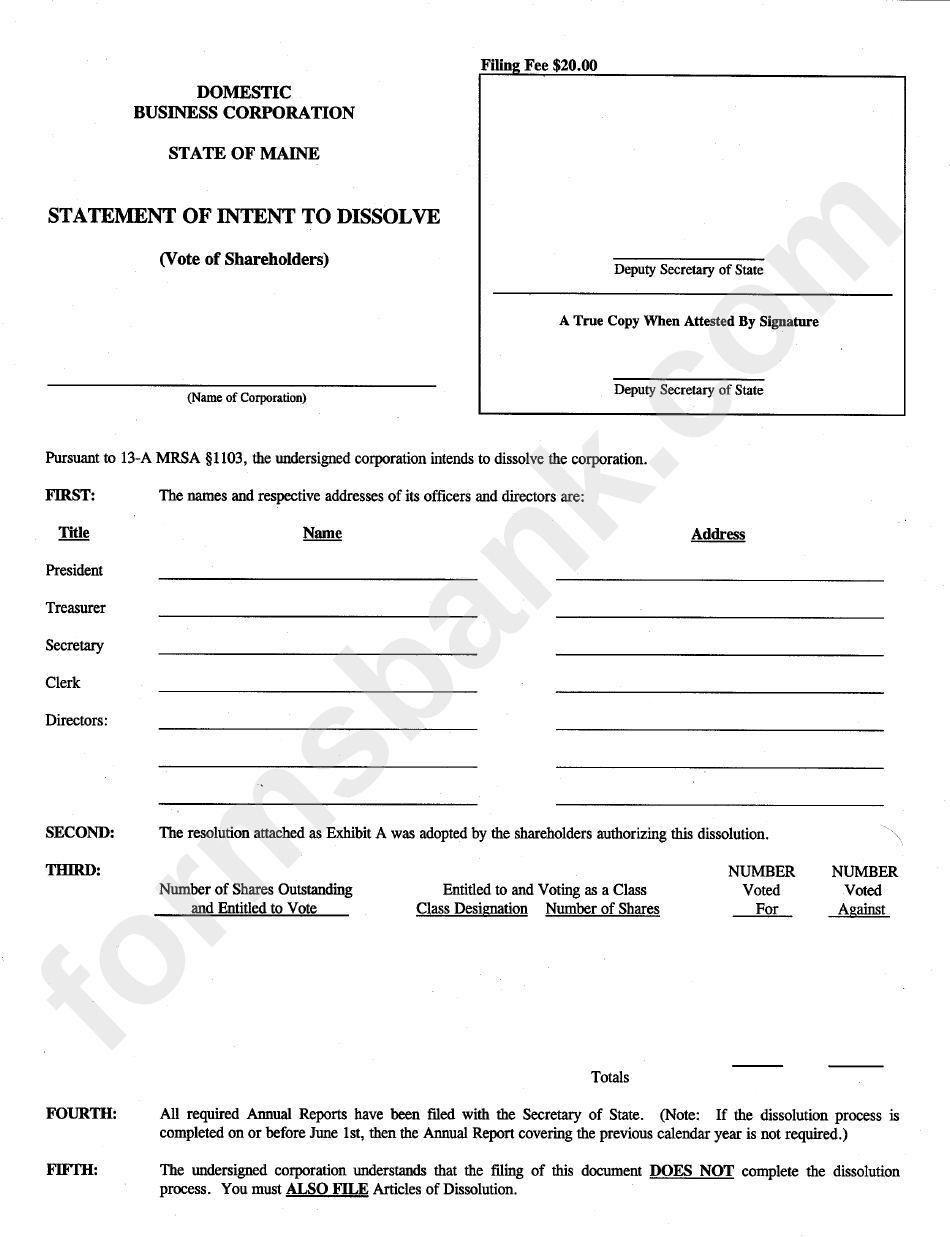 Form Mbca-11a - Statement Of Intent To Dissolce - Domestic Business Corporation