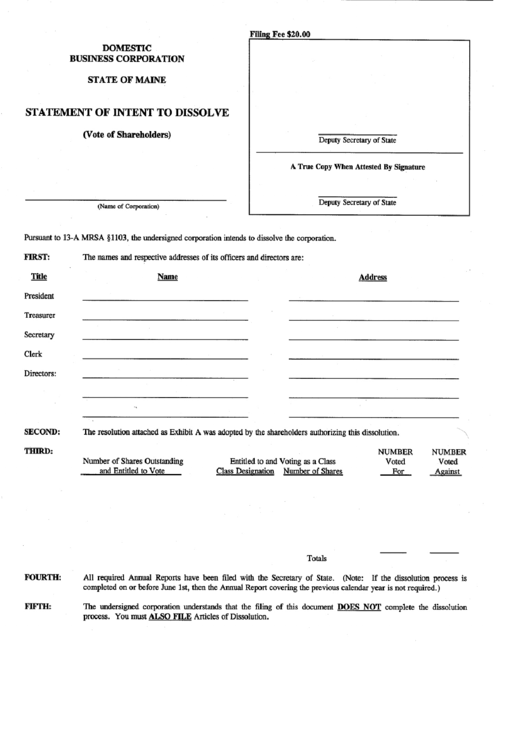 Form Mbca-11a - Statement Of Intent To Dissolce - Domestic Business Corporation Printable pdf