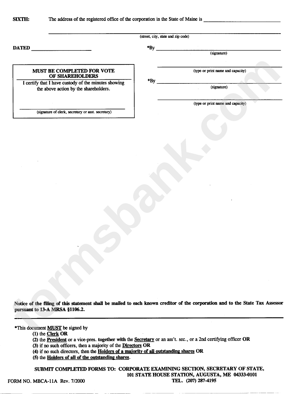 Form Mbca-11a - Statement Of Intent To Dissolce - Domestic Business Corporation