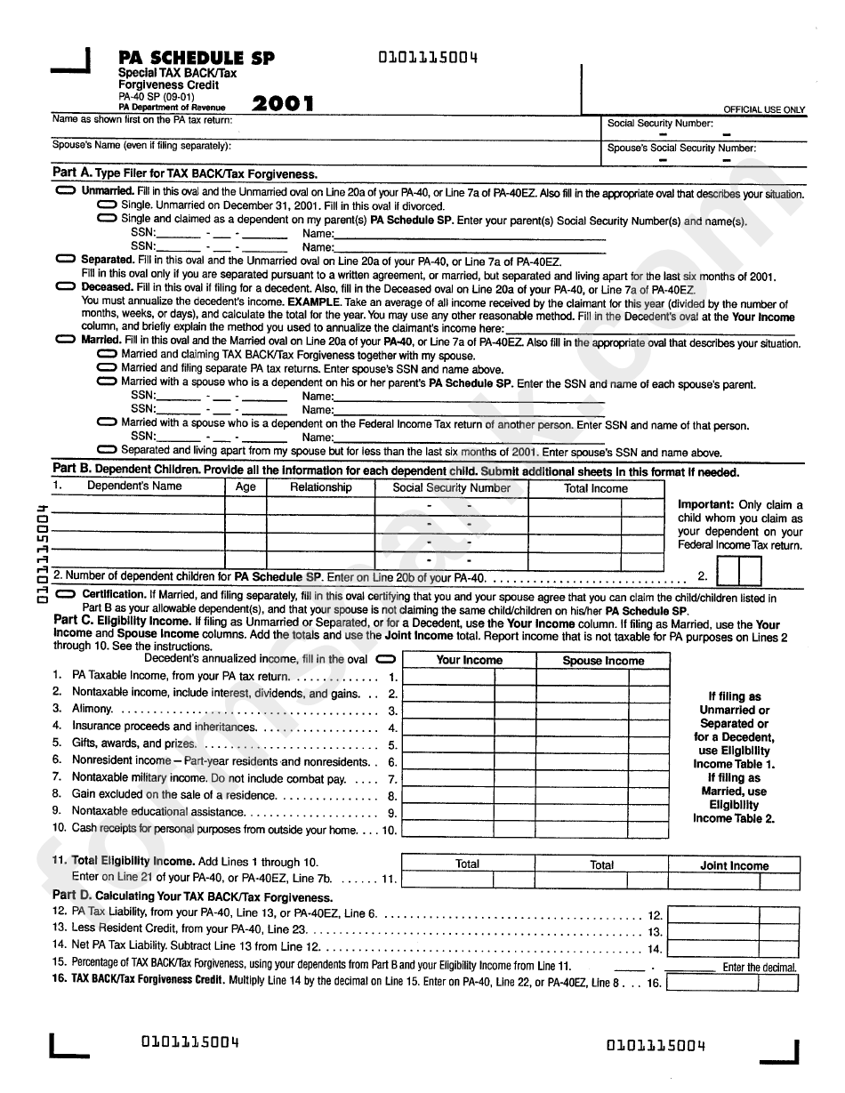 Form Pa40 Sp Special Tax Back 2001 Pa Department Of Revenue