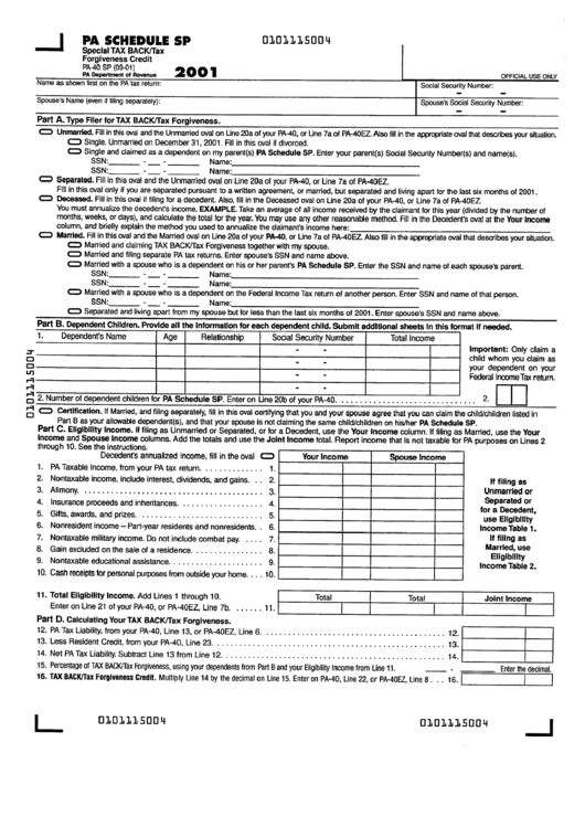 Form Pa-40 Sp - Special Tax Back 2001 - Pa Department Of Revenue Printable pdf