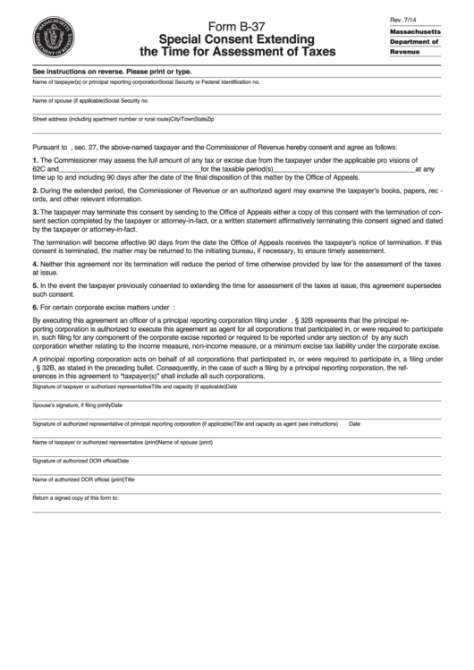 Form B-37 - Special Consent Extending The Time For Assessment Of Taxes - Massachusetts Department Of Revenue Printable pdf