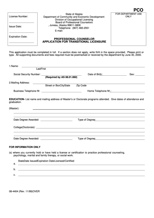 Form 08-4404 - Professional Counselor Application For Transitional Licensure Printable pdf