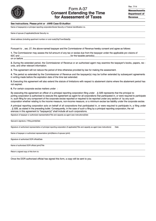 Form A-37 - Consent Extending The Time For Assessment Of Taxes Printable pdf