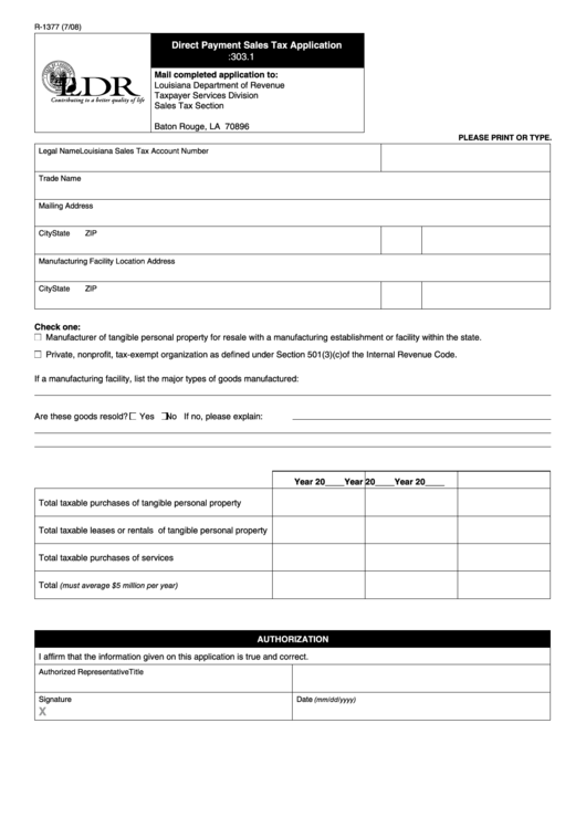 Fillable Form R-1377 - Direct Payment Sales Tax Application - Louisiana Department Of Revenue Printable pdf