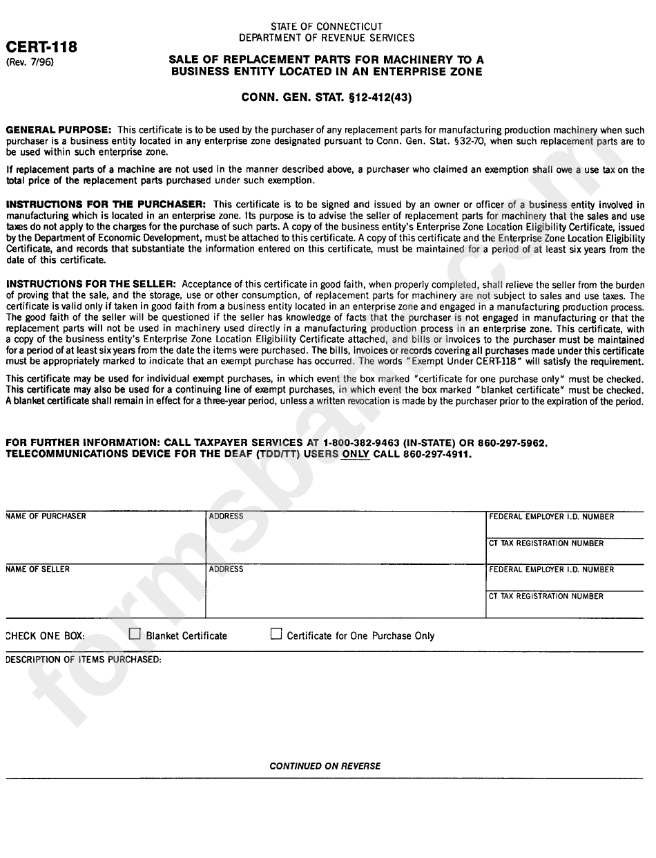 Form Cert-118 - Sale Replacement Parts For Machinery To A Business Entity Located In An Enterprise Zone