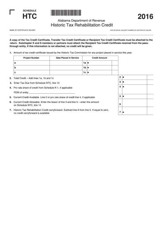 Schedule Htc Form - Historic Tax Rehabilitation Credit Form - 2016 Printable pdf