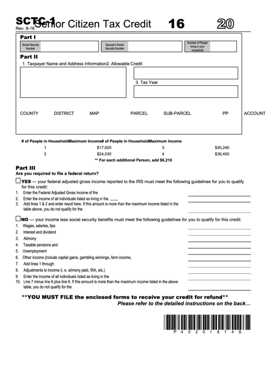 Form Sctc-1 - Senior Tax Credit Form - 2016 Printable pdf