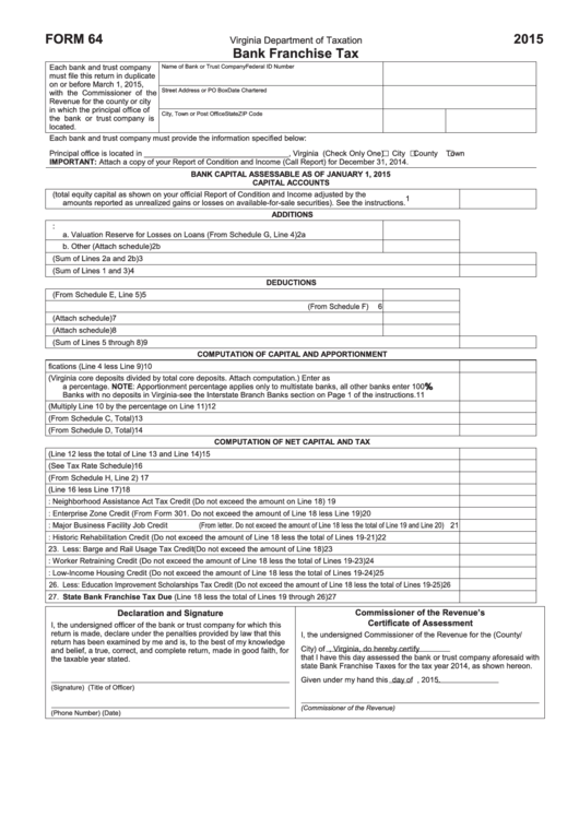 Fillable Form 64 - Bank Franchise Tax - 2015 Printable pdf