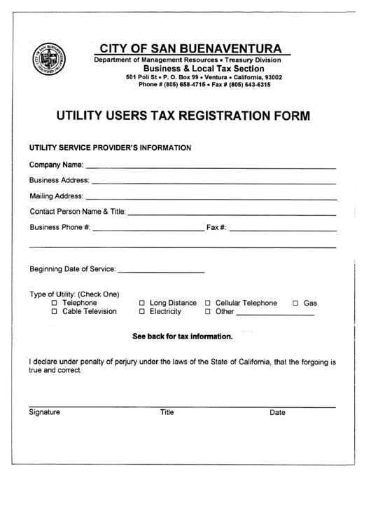 Utility Users Tax Registration Form - Departmenf Of Management Resources Printable pdf