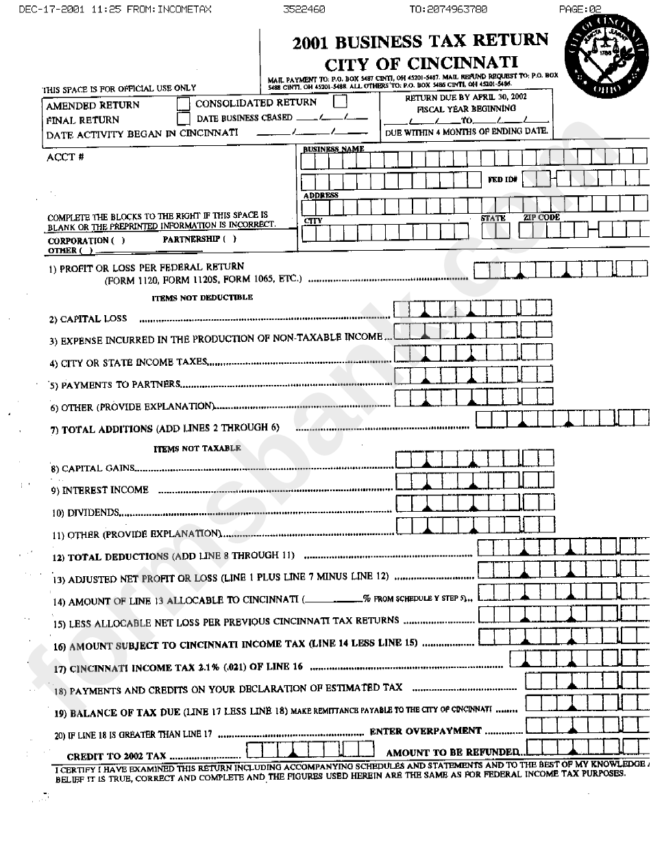 Business Tax Return Form 2001 printable pdf download