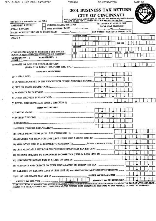 Business Tax Return Form 2001 printable pdf download