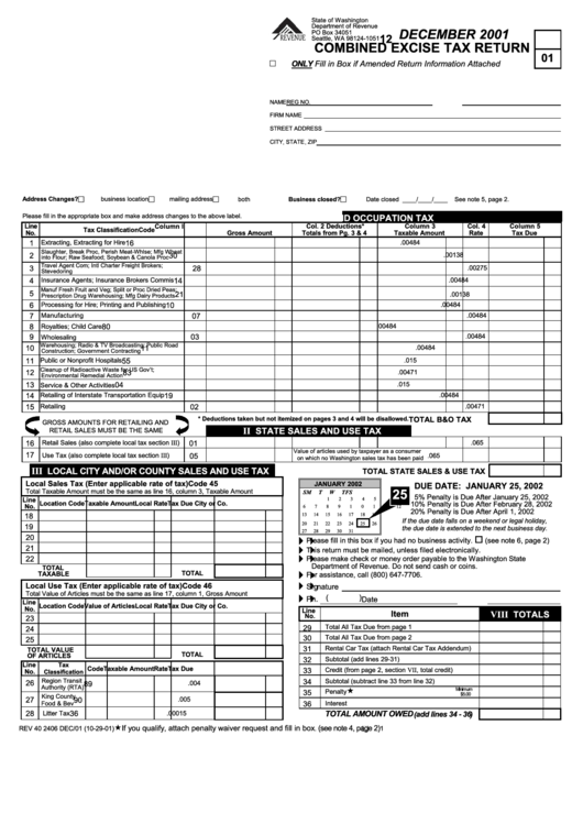 Combined Excise Tax Return Form - December 2001 Printable pdf