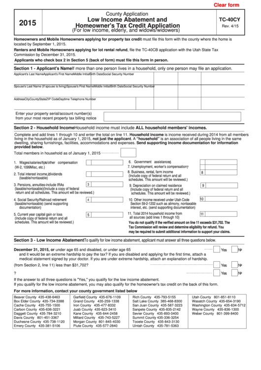 Fillable Form Tc-40cy - Low Income Abatement And Homeowner