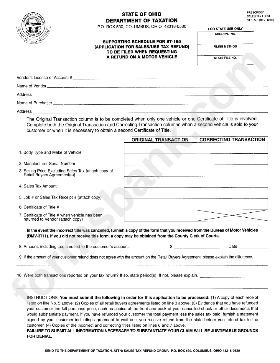 Form St 185-B - Supporting Schedule For St-185 (Application For Sales/use Tax Refund)
