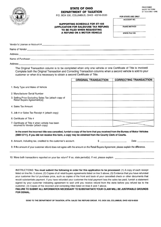 Form St 185-B - Supporting Schedule For St-185 (Application For Sales/use Tax Refund) Printable pdf