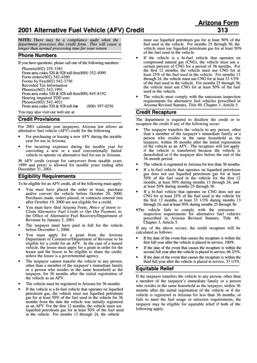 Arizona Form 313 - 2001 Alternative Fuel Vehicle (Afv) Credit Instructions Printable pdf
