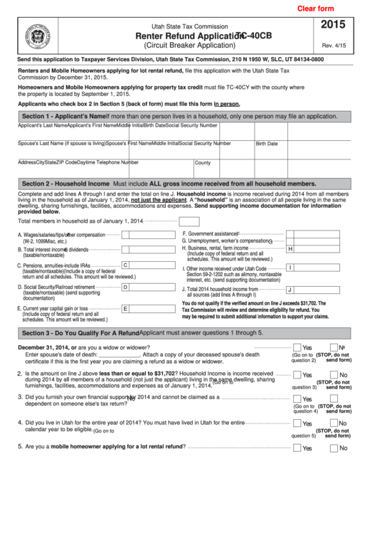 Fillable Form Tc-40cb - Renter Refund Application - 2015 Printable pdf