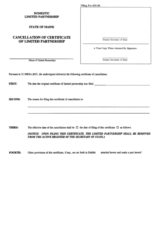 Form Mlpa-11c - Cancellation Of Certificate Of Limited Partnership - Domestic Limited P Artnersillp State Of Maine Printable pdf