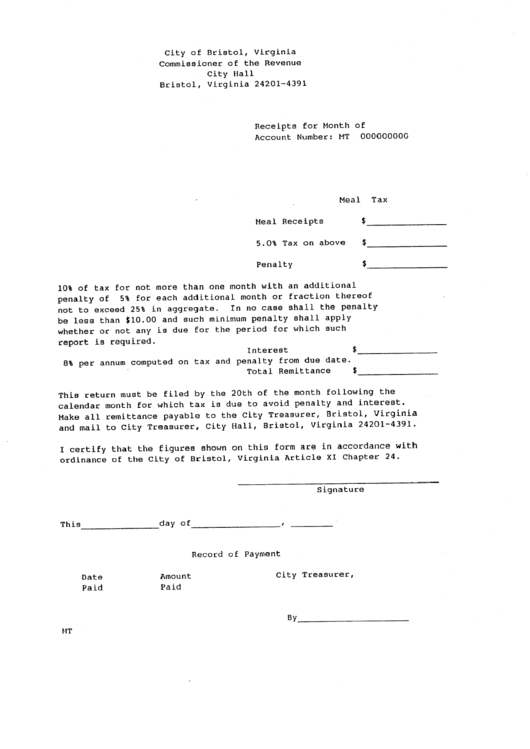 Montly Receipts Form - City Of Bristol printable pdf download