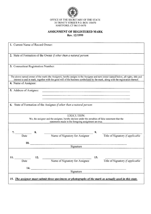Form For Assignment Of Registered Mark - 1999 Printable pdf