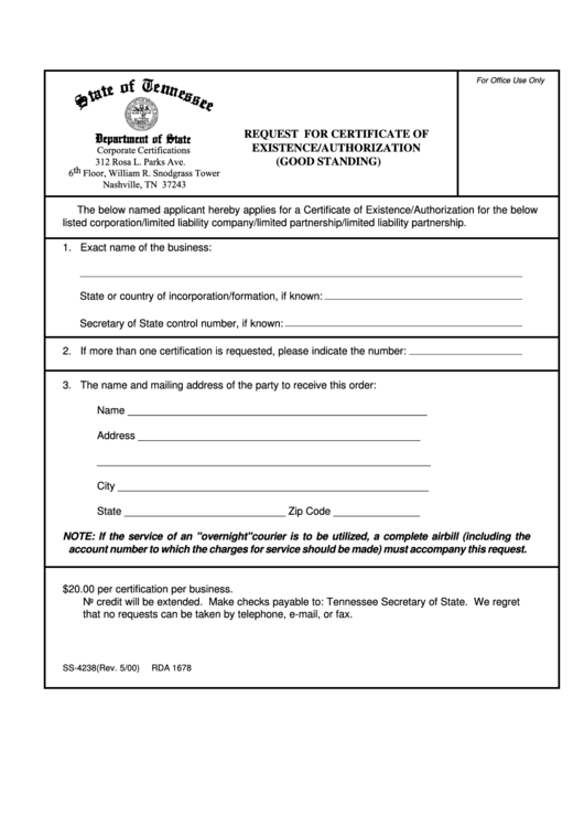 Fillable Form Ss-4238 - Request For Certificate Of Existence Authorization Printable pdf