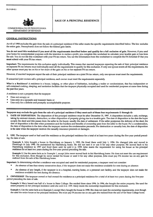Form Pa19 - Instructions Sheet Printable pdf