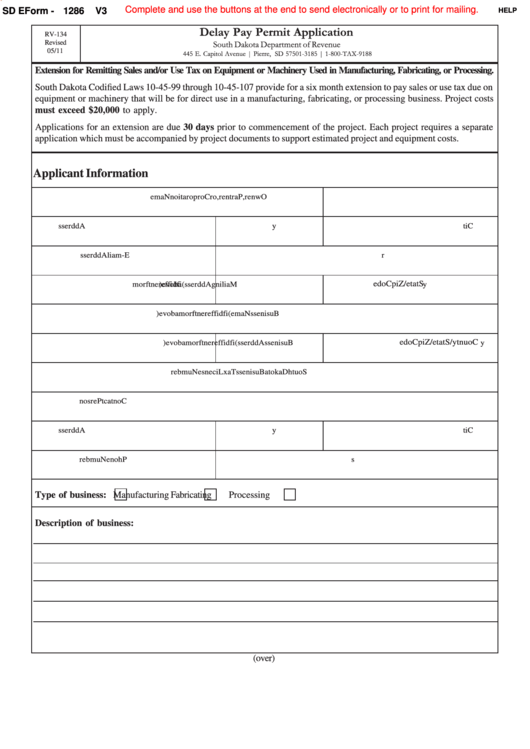 Fillable Sd Eform 1286 - Delay Pay Permit Application - South Dakota Department Of Revenue Printable pdf