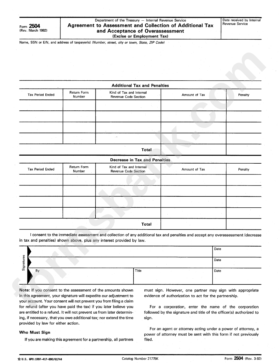Form 2504 - Agreement Form To Assessment And Collection Of Additional Tax And Acceptance Of Overassessment