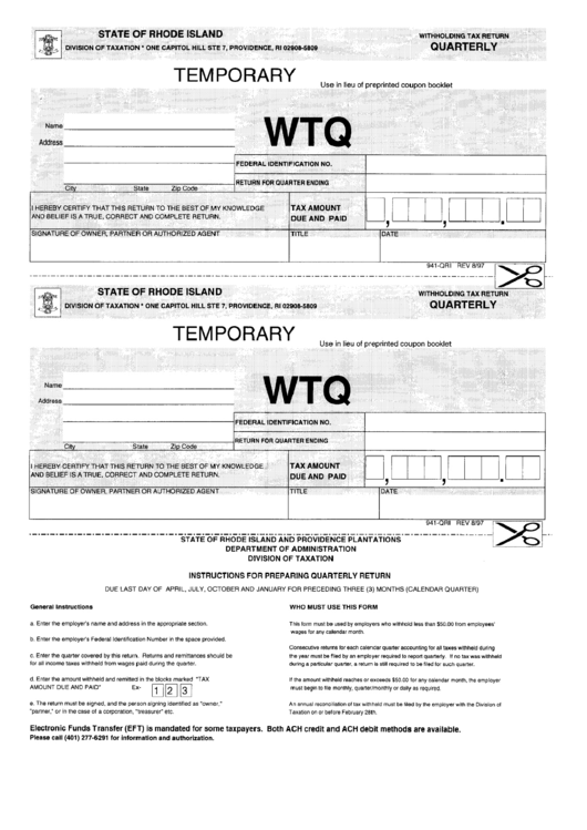 Form 941-Qri - Withholidng Tax Return Quarterly Form Printable pdf