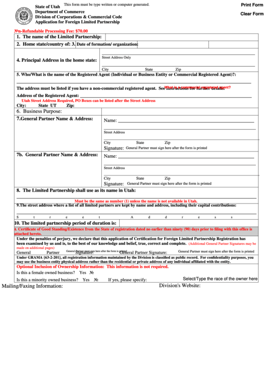 Fillable Application For Foreign Limited Partnership Form - Department Of Commerce Division Of Corporations & Commercial Code Printable pdf