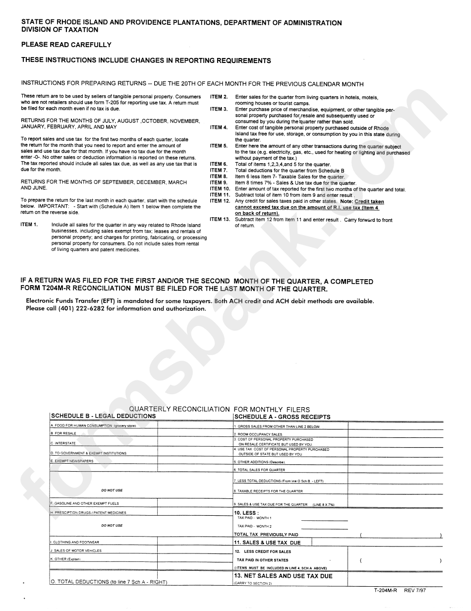 Form T-204m-R - Instructions For Prepating Returns - Due The 20th Of Each Month