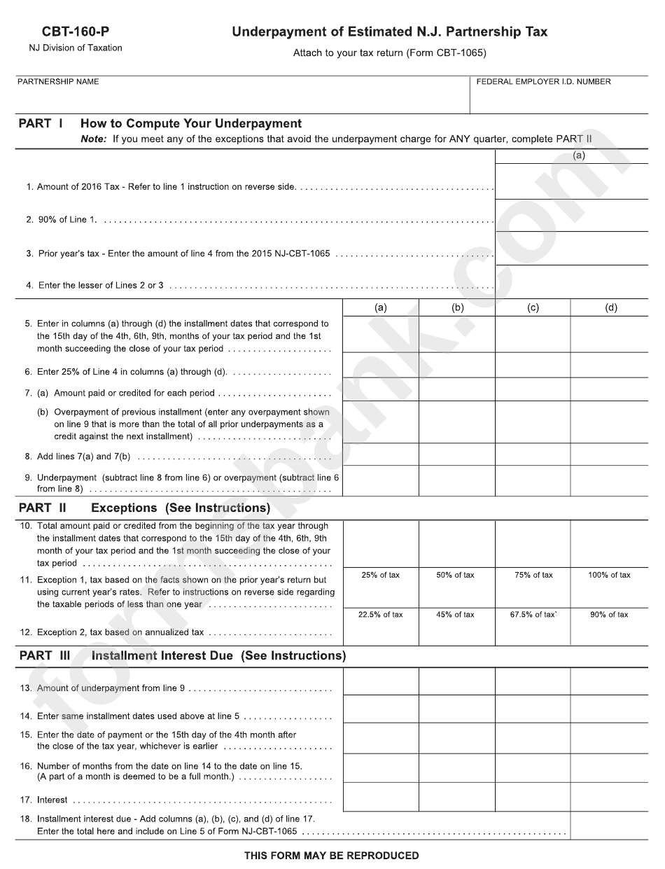 Fillable Form Cbt-160-P - Undetpayment Of Estimated Nj Partenership Tax ...