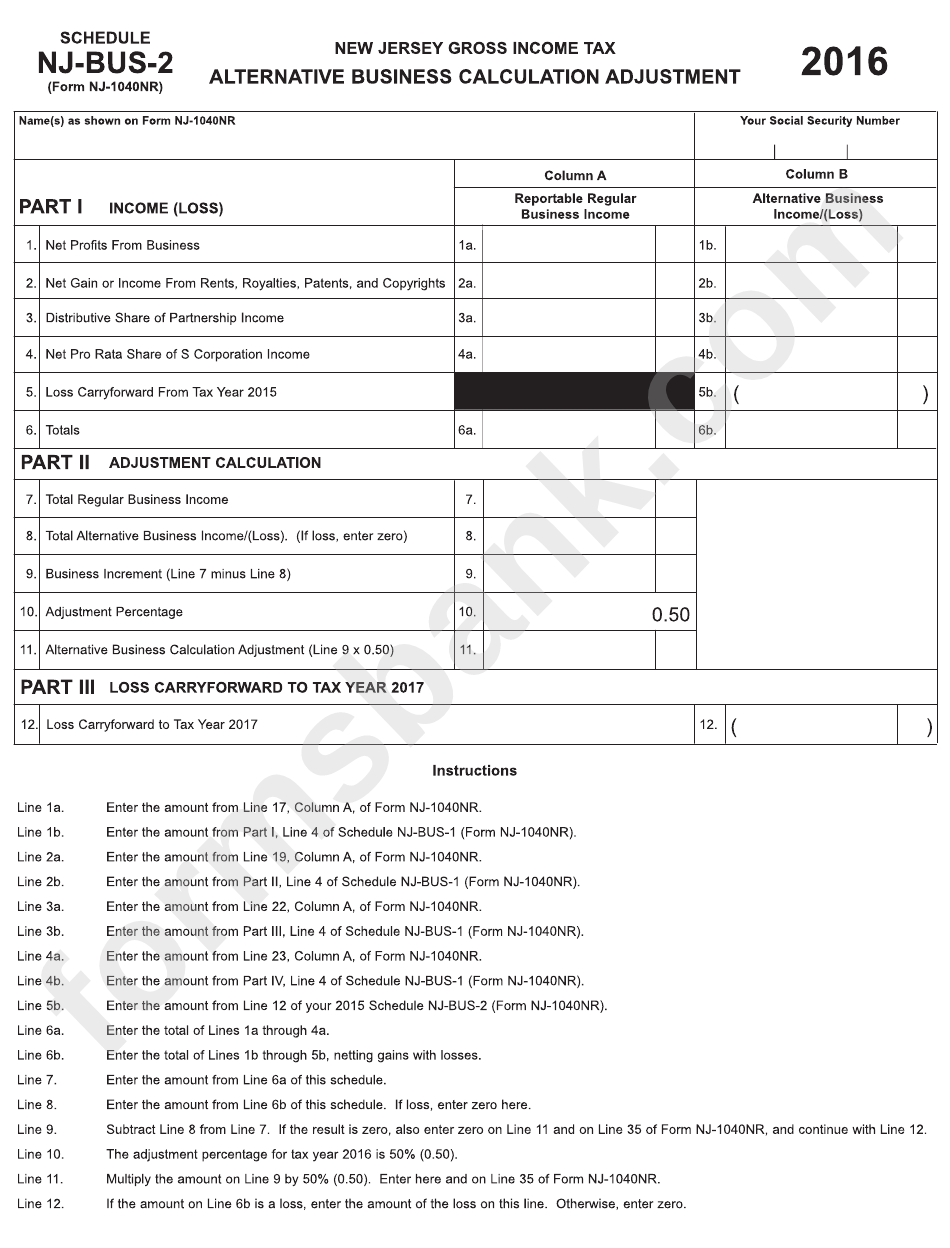 Form Nj-1040nr - Alternative Business Calculation Adjustment Form
