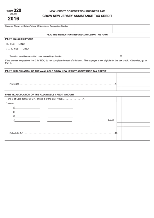 Fillable Form 320 - Grow New Jersey Assistance Tax Credit Printable pdf