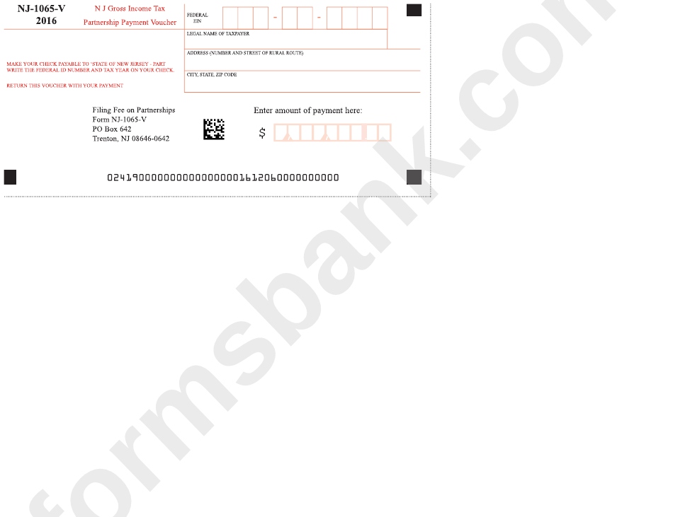 Form Nj-1065-V - Partnership Payment Voucher Form - 2016