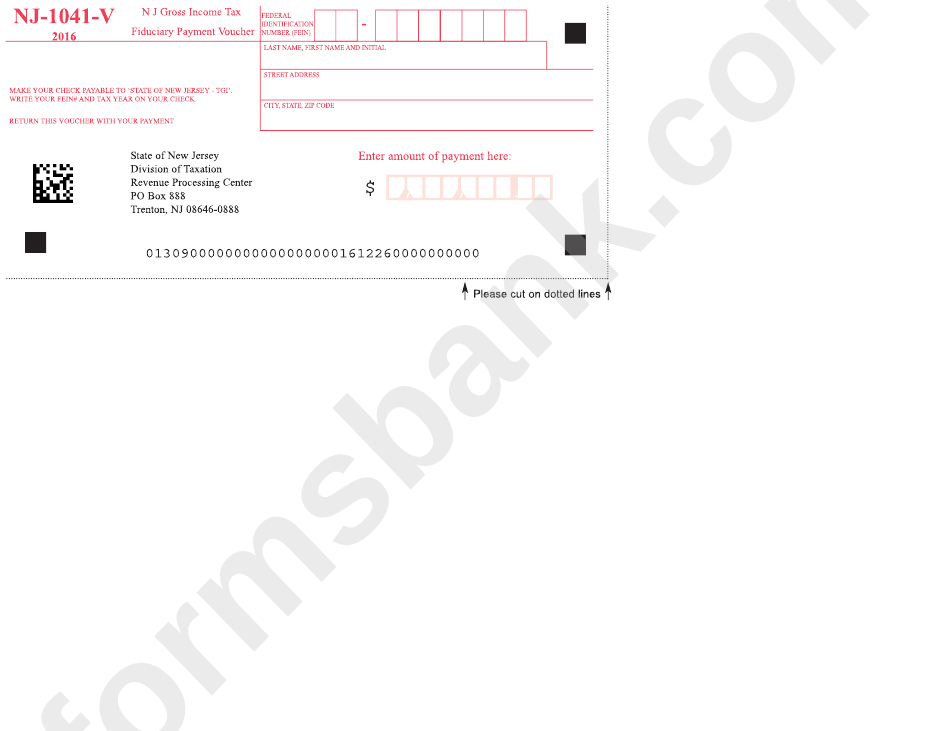 Form Nj-1041-V - Fiduciary Return Payment Voucher Form