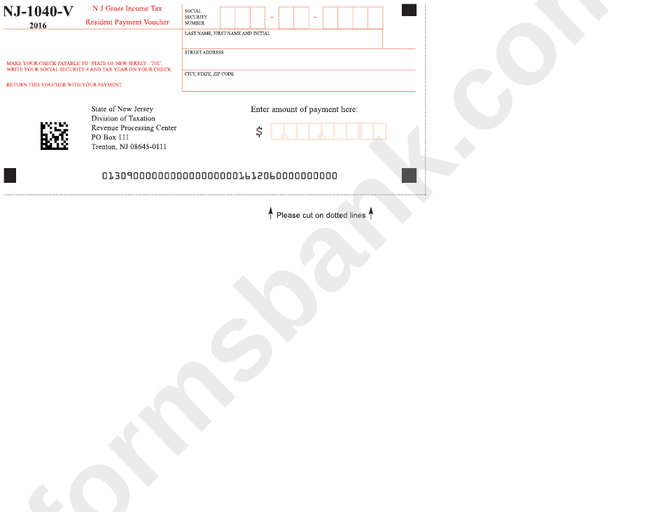 Form Nj-1040nr-V - Gross Income Tax Nonresident Payment Voucher Form